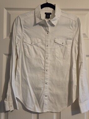 Calvin Klein Size Small White Denim Pearlized Snap Button Long Sleeve Shirt